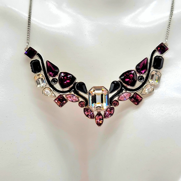 Swarovski Crystal Diamond and Amethyst Cluster Necklace with Black Enamel - Picture 4 of 11